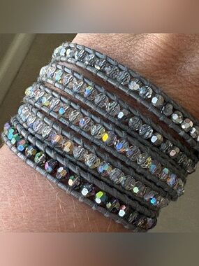 Chan Luu 925 Sterling Toggle Crystal Wrap Bracelet Boho Grey Leather